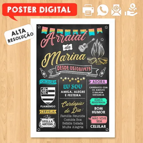 Arte Digital Chalkboard Poster Aniversário Festa no Arraial