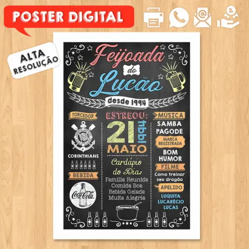 Arte Digital Chalkboard Poster Aniversário Feijoada do Lucão