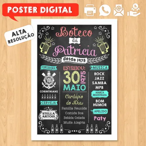 Arte Digital Chalkboard Poster Aniversário Festa no Boteco