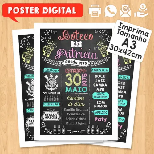 Arte Digital Chalkboard Poster Aniversário Festa no Boteco