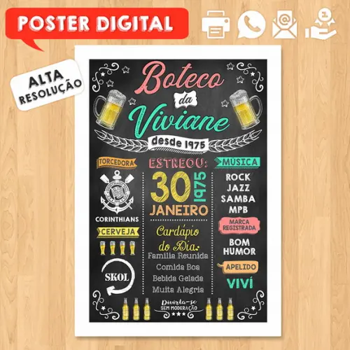 Arte Digital Chalkboard Poster Aniversário Festa no Boteco