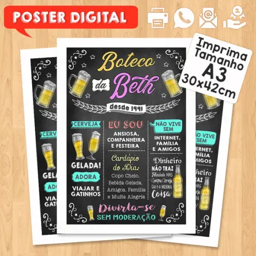 Arte Digital Chalkboard Poster Aniversário Festa no Boteco