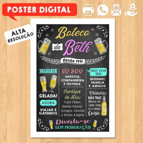 Arte Digital Chalkboard Poster Aniversário Festa no Boteco
