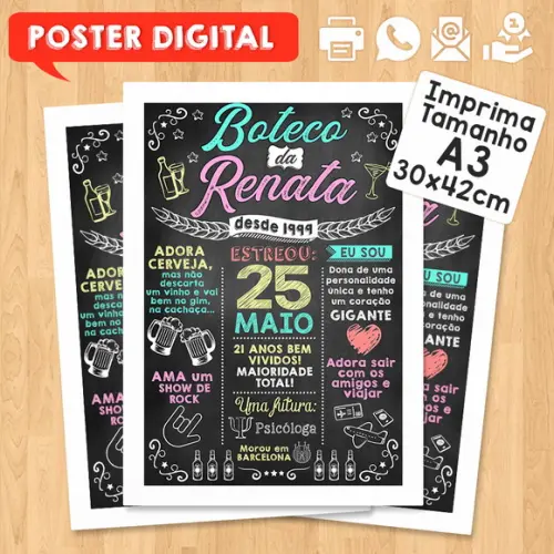 Arte Digital Chalkboard Poster Aniversário Festa no Boteco