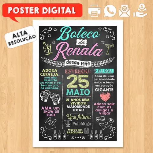 Arte Digital Chalkboard Poster Aniversário Festa no Boteco