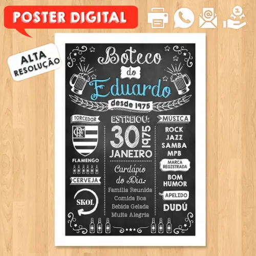 Arte Digital Chalkboard Poster Aniversário Festa no Boteco