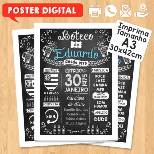 Arte Digital Chalkboard Poster Aniversário Festa no Boteco