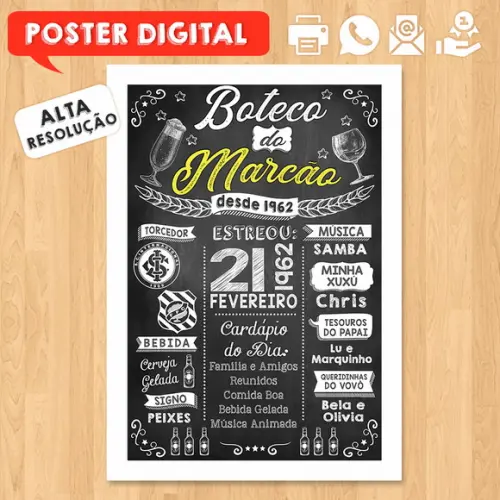 Arte Digital Chalkboard Poster Aniversário Festa no Boteco