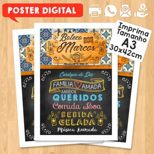 Arte Digital Chalkboard Poster Aniversário Festa no Boteco