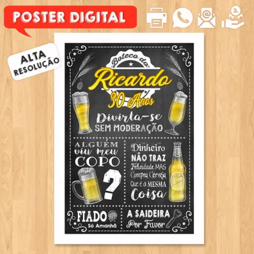 Arte Digital Chalkboard Poster Aniversário Festa no Boteco