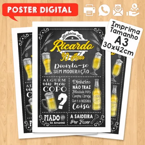 Arte Digital Chalkboard Poster Aniversário Festa no Boteco