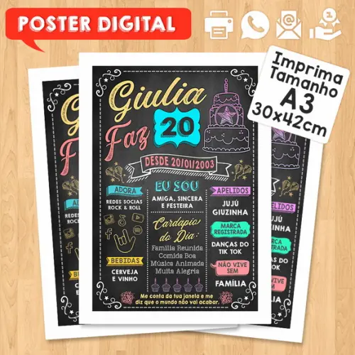 Arte Digital Chalkboard Poster Aniversário Giulia Faz 20
