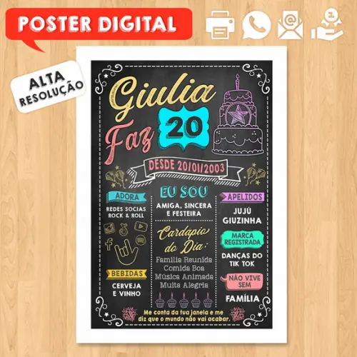 Arte Digital Chalkboard Poster Aniversário Giulia Faz 20
