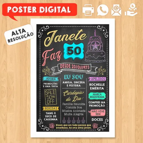 Arte Digital Chalkboard Poster Aniversário Janete Faz 50