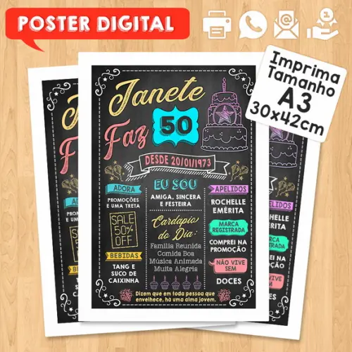 Arte Digital Chalkboard Poster Aniversário Janete Faz 50
