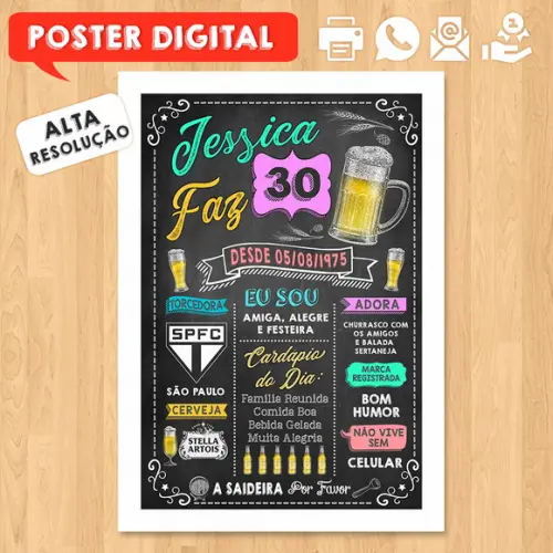 Arte Digital Chalkboard Poster Aniversário Jessica Faz 30