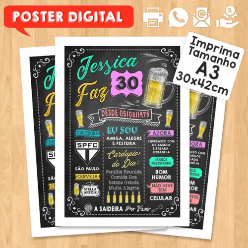 Arte Digital Chalkboard Poster Aniversário Jessica Faz 30
