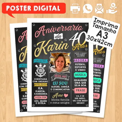 Arte Digital Chalkboard Poster Aniversário Karin 40 Anos