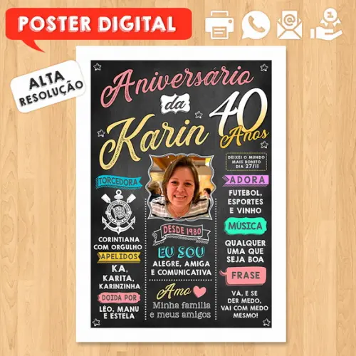 Arte Digital Chalkboard Poster Aniversário Karin 40 Anos