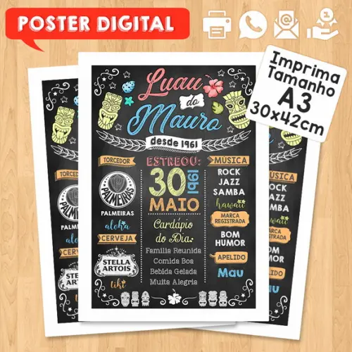 Arte Digital Chalkboard Poster Aniversário Luau do Mauro