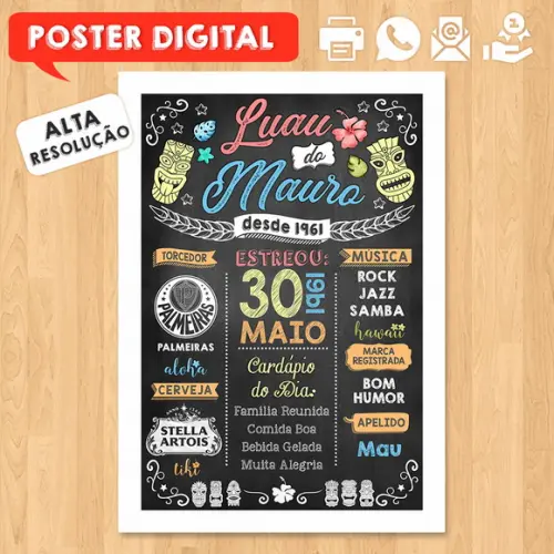Arte Digital Chalkboard Poster Aniversário Luau do Mauro