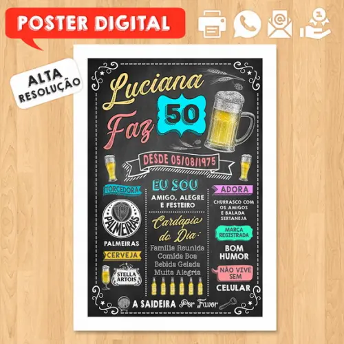 Arte Digital Chalkboard Poster Aniversário Luciana Faz 50