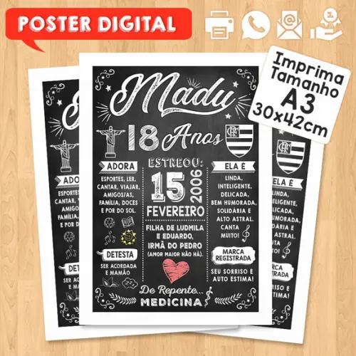 Arte Digital Chalkboard Poster Aniversário Madu Faz 18 Anos