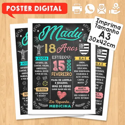 Arte Digital Chalkboard Poster Aniversário Madu Faz 18 Anos