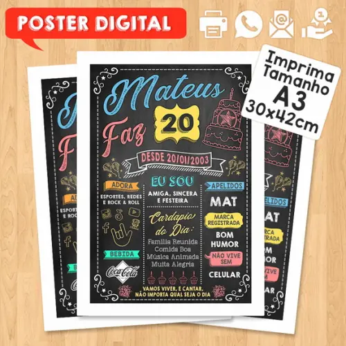 Arte Digital Chalkboard Poster Aniversário Mateus Faz 20