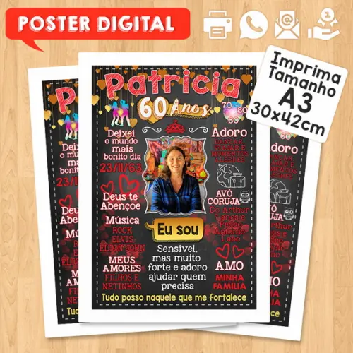 Arte Digital Chalkboard Poster Aniversário Patricia 60 Anos