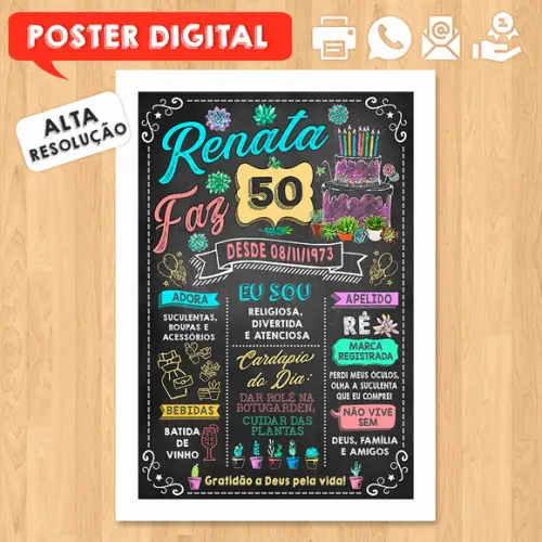 Arte Digital Chalkboard Poster Aniversário Renata Faz 50