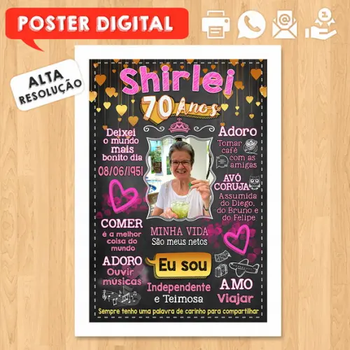 Arte Digital Chalkboard Poster Aniversário Shirlei 70 Anos
