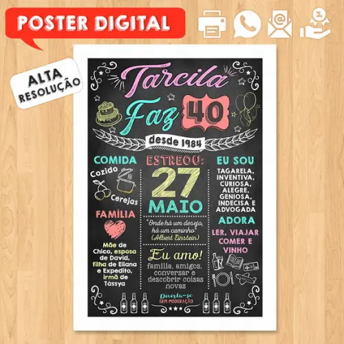 Arte Digital Chalkboard Poster Aniversário Tarcila Faz 40