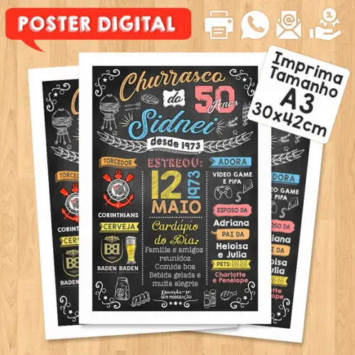 Arte Digital Chalkboard Poster Aniversário Tema Churrasco