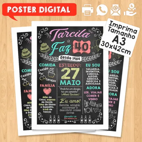 Arte Digital Chalkboard Poster Aniversário Tarcila Faz 40