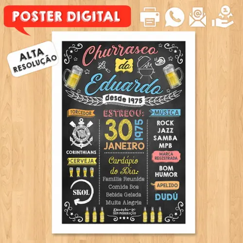 Arte Digital Chalkboard Poster Aniversário Tema Churrasco