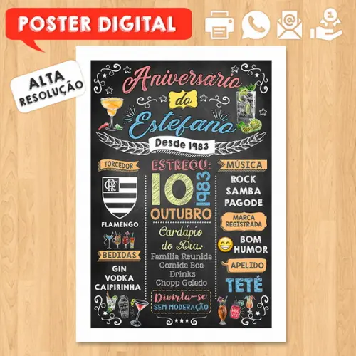 Arte Digital Chalkboard Poster Aniversário Tema Drinks