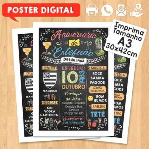 Arte Digital Chalkboard Poster Aniversário Tema Drinks