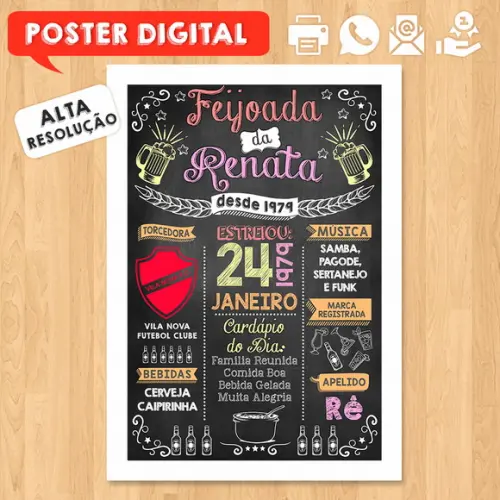 Arte Digital Chalkboard Poster Aniversário Tema Feijoada