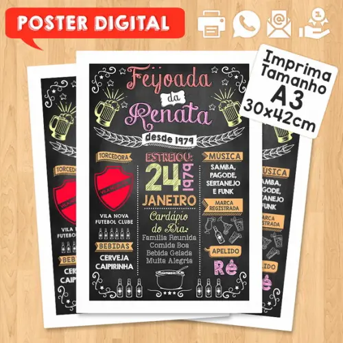 Arte Digital Chalkboard Poster Aniversário Tema Feijoada