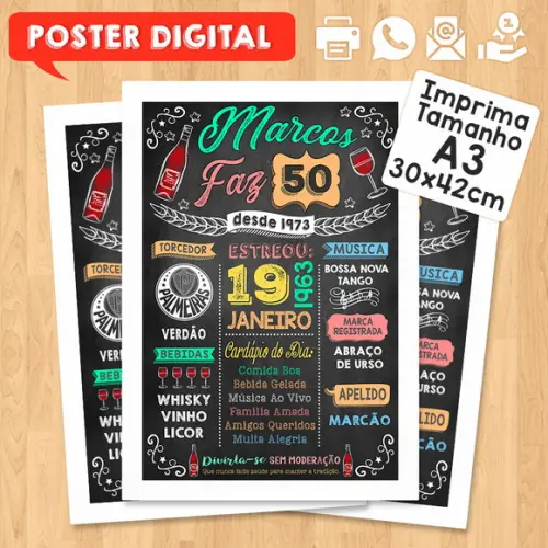 Arte Digital Chalkboard Poster Aniversário Vinho 50 Anos