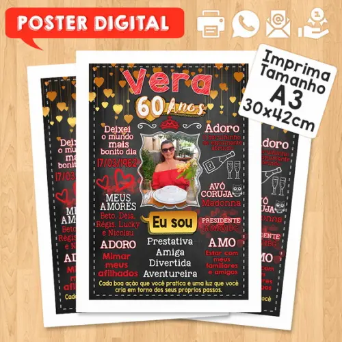 Arte Digital Chalkboard Poster Aniversário Vera 60 Anos
