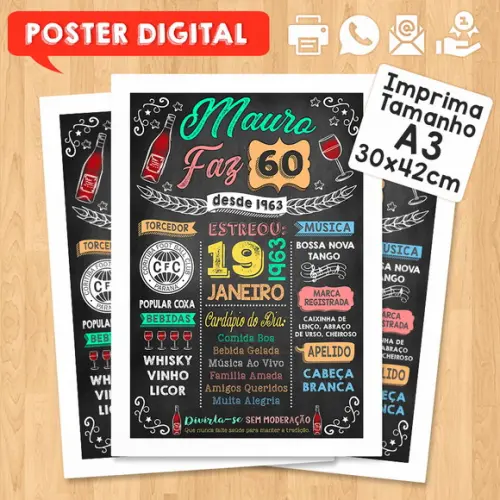 Arte Digital Chalkboard Poster Aniversário Vinho 60 Anos