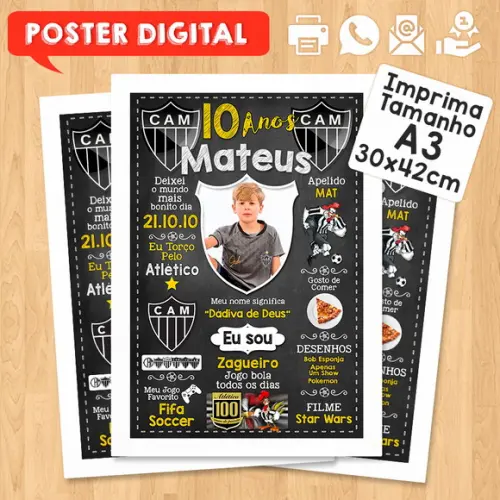 Arte Digital Chalkboard Times de Futebol A3 30x42cm com Foto