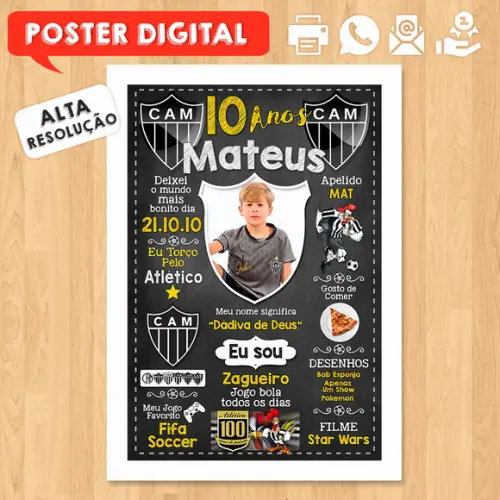Arte Digital Chalkboard Times de Futebol A3 30x42cm com Foto