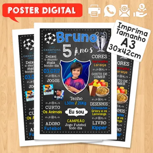Arte Digital Chalkboard Times de Futebol A3 30x42cm com Foto