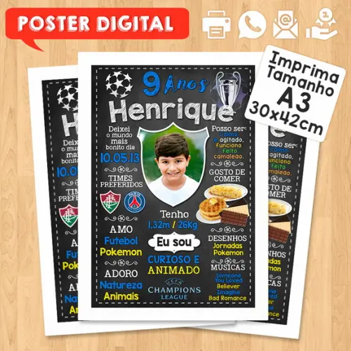 Arte Digital Chalkboard Times de Futebol A3 30x42cm com Foto