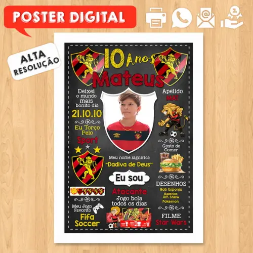 Arte Digital Chalkboard Times de Futebol A3 30x42cm com Foto