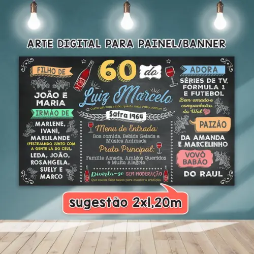 Arte Digital Painel Chalkboard Aniversário 60 Anos Vinho