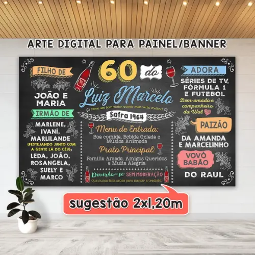 Arte Digital Painel Chalkboard Aniversário 60 Anos Vinho